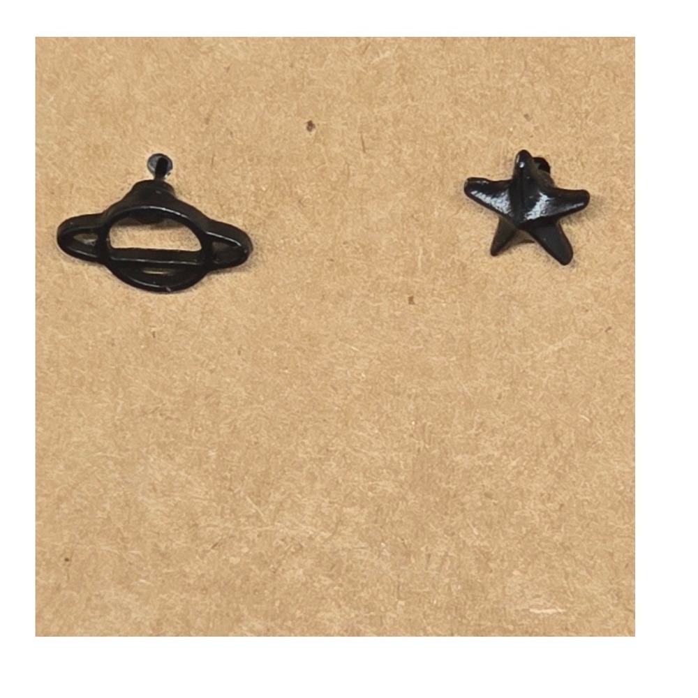 Black Saturn andโ Star Asymmetrical Stud Earrings Celestial Space Jewelry